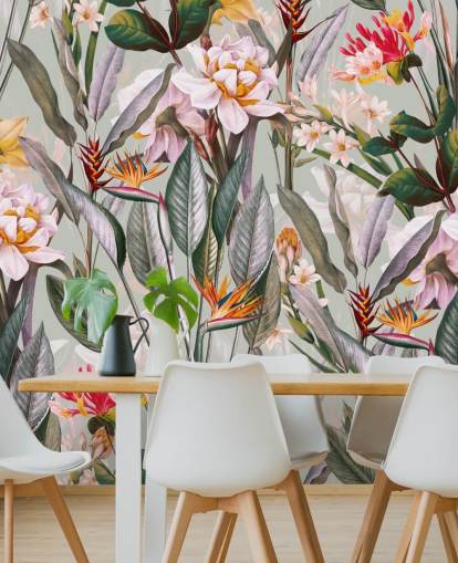 papel pintado de flores tropicales en tonos neutros