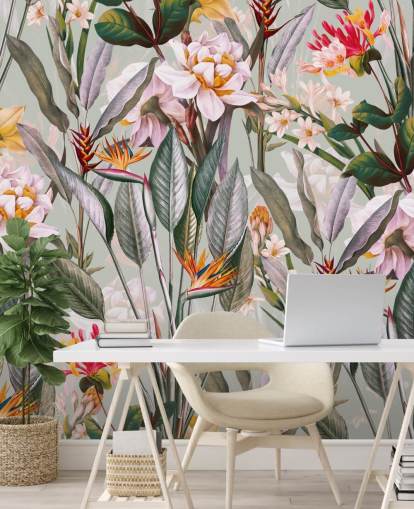 neutral getönte tropische Blumentapete