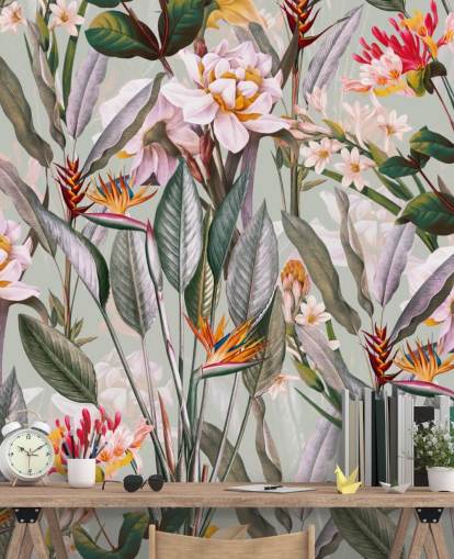 papier peint de fleurs tropicales aux tons neutres