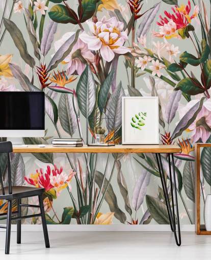 papel de parede de flores tropicais em tons neutros papel de parede de flores tropicais em tons neutros