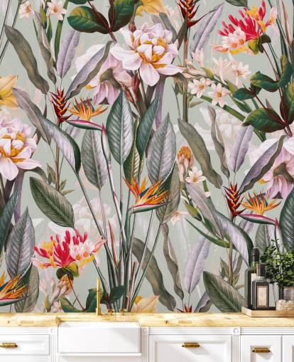 neutraal getinte tropische bloemen behang