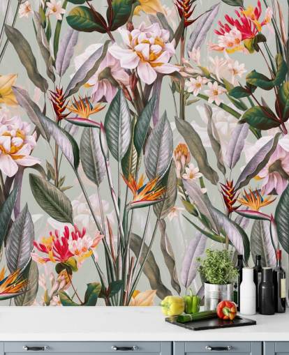 papel de parede de flores tropicais em tons neutros