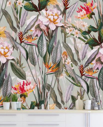 neutral getönte tropische Blumentapete