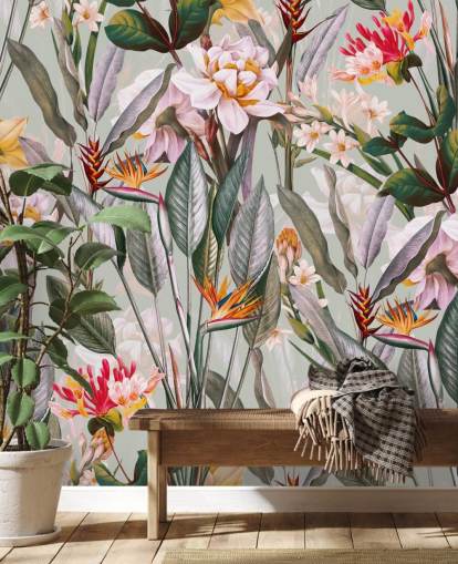 neutral getönte tropische Blumentapete