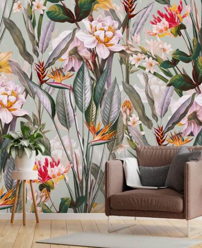 papel pintado de flores tropicales en tonos neutros