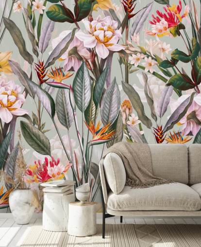 papel pintado de flores tropicales en tonos neutros