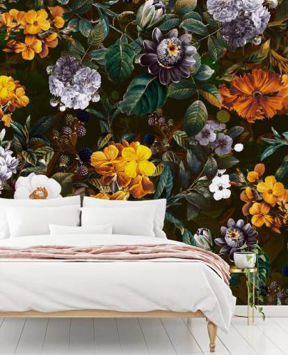 yellow flowers against dark flowers wallpaper