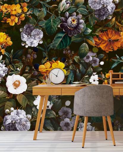 papel pintado de flores amarillas contra flores oscuras