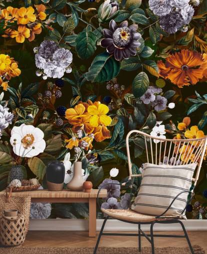 papel pintado de flores amarillas contra flores oscuras