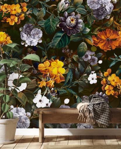 gele bloemen tegen donkere bloemen behang gele bloemen tegen donkere bloemen behang