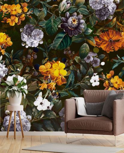 yellow flowers against dark flowers wallpaper