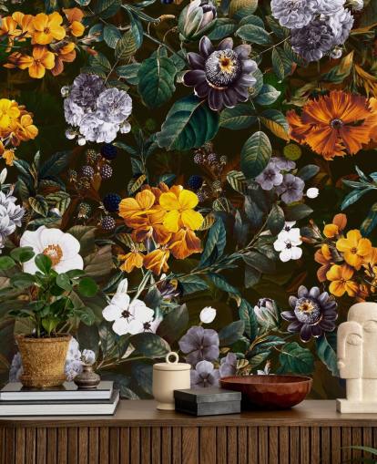 yellow flowers against dark flowers wallpaper