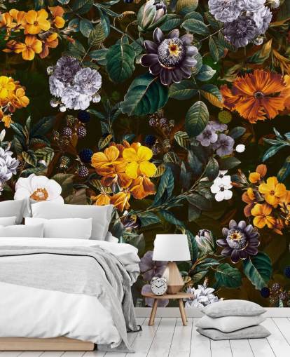 gele bloemen tegen donkere bloemen behang gele bloemen tegen donkere bloemen behang