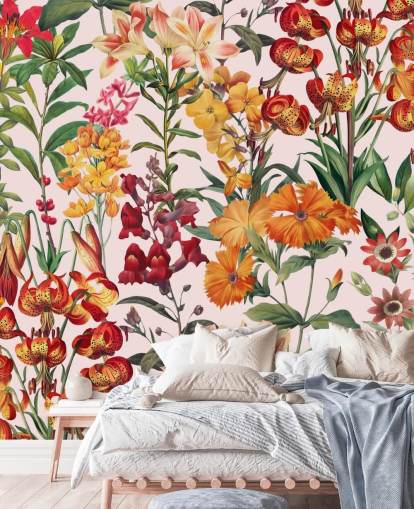 oranje, rode zomerbloemen behang