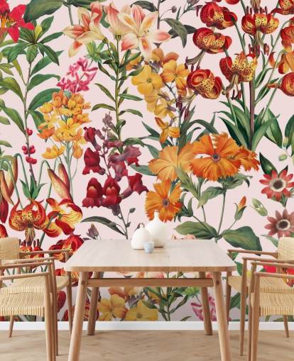 oranje, rode zomerbloemen behang