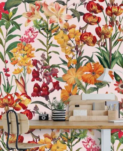 fleurs d'été orange, papier peint rouge