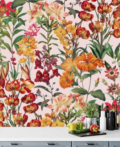 fleurs d'été orange, papier peint rouge