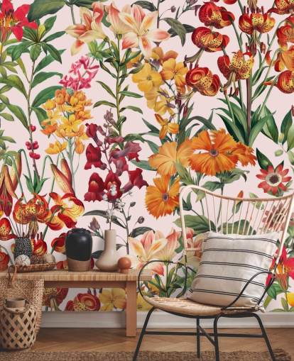 fleurs d'été orange, papier peint rouge