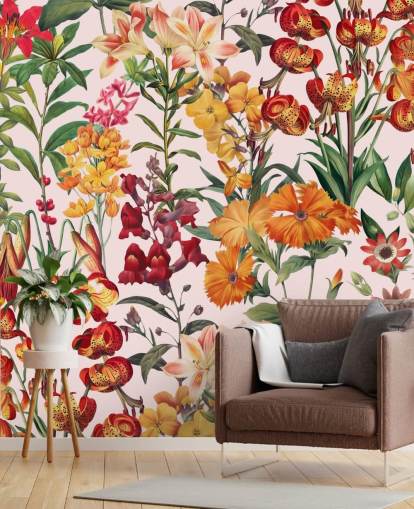 oranje, rode zomerbloemen behang oranje, rode zomerbloemen behang