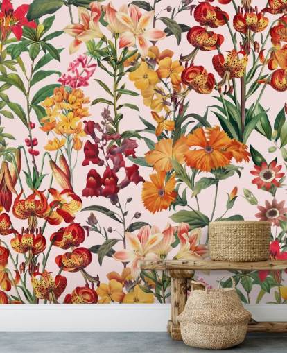 fleurs d'été orange, papier peint rouge fleurs d'été orange, papier peint rouge