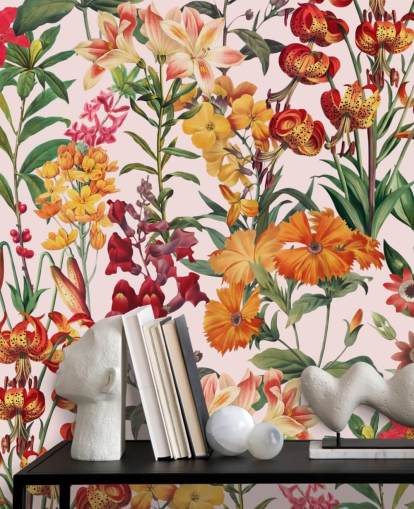 fleurs d'été orange, papier peint rouge fleurs d'été orange, papier peint rouge