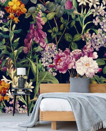 dark florals with yellow and purple flowers wallpaper