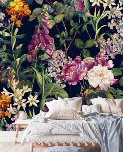 dark florals with yellow and purple flowers wallpaper