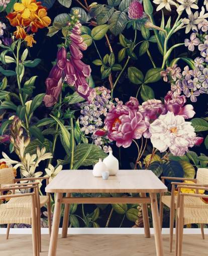 dark florals with yellow and purple flowers wallpaper