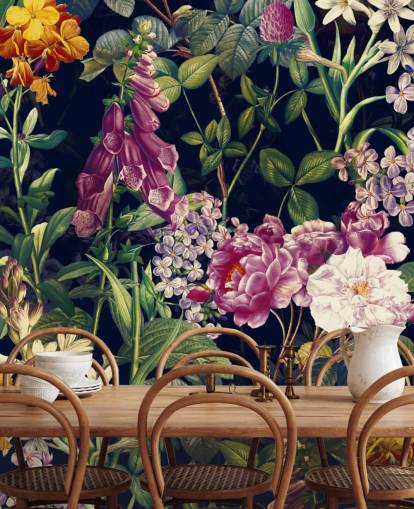 dark florals with yellow and purple flowers wallpaper