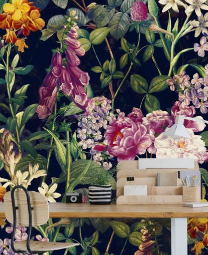 dark florals with yellow and purple flowers wallpaper