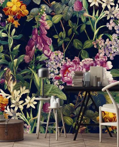 papier peint fleurs foncées avec des fleurs jaunes et violettes