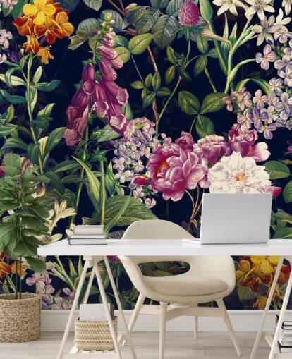 dark florals with yellow and purple flowers wallpaper