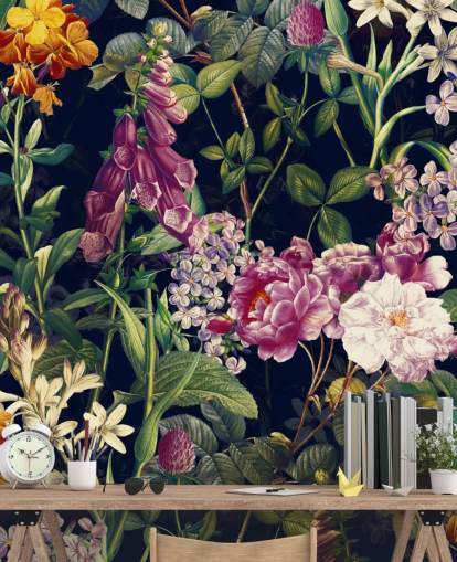 dark florals with yellow and purple flowers wallpaper