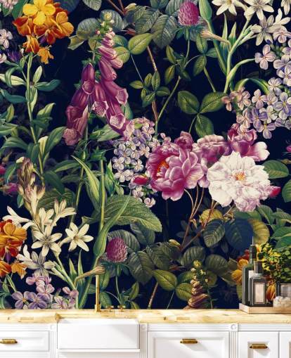 dark florals with yellow and purple flowers wallpaper