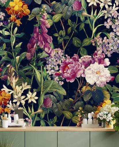 dark florals with yellow and purple flowers wallpaper
