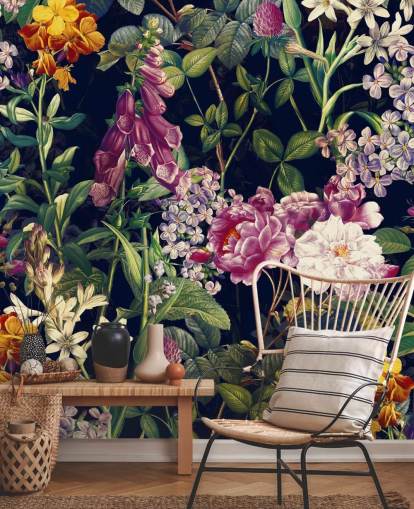 dark florals with yellow and purple flowers wallpaper