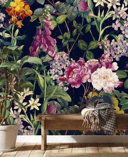 dark florals with yellow and purple flowers wallpaper