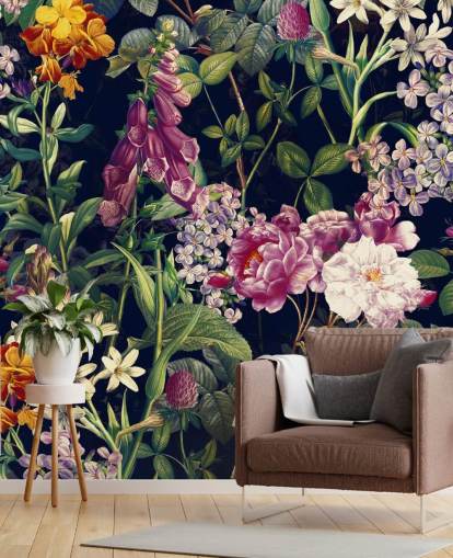 dark florals with yellow and purple flowers wallpaper