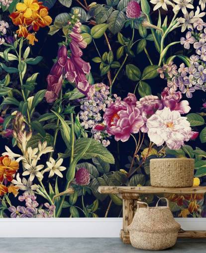 papier peint fleurs foncées avec des fleurs jaunes et violettes papier peint fleurs foncées avec des fleurs jaunes et violettes