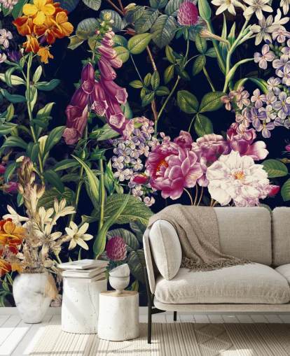 dark florals with yellow and purple flowers wallpaper