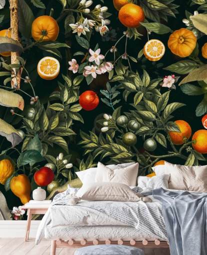 papel pintado botánico oscuro con papel pintado de cítricos