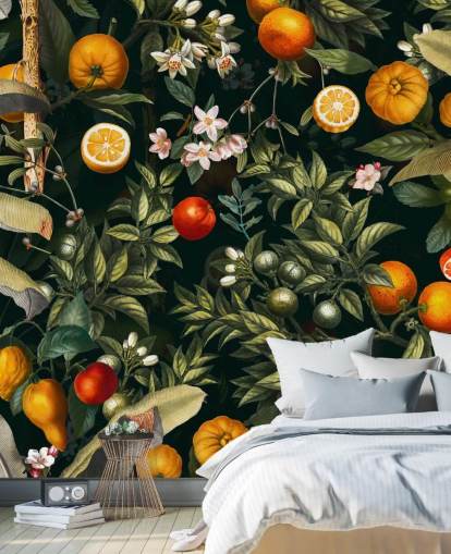 papel pintado botánico oscuro con papel pintado de cítricos