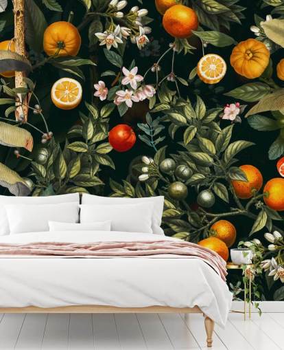 papel pintado botánico oscuro con papel pintado de cítricos