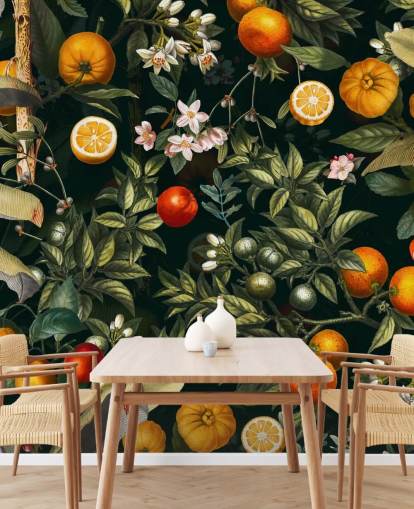 mörk botanisk tapet med citrusfrukter tapeter