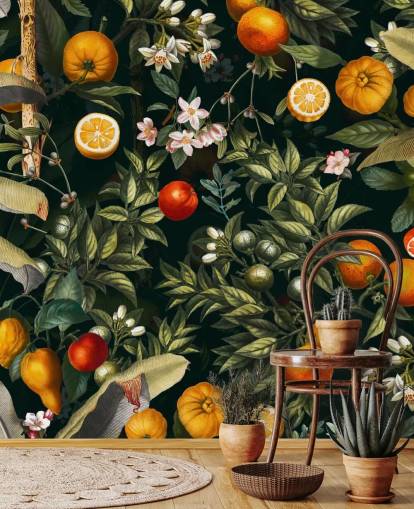 dark botanical wallpaper with citrus fruits wallpaper