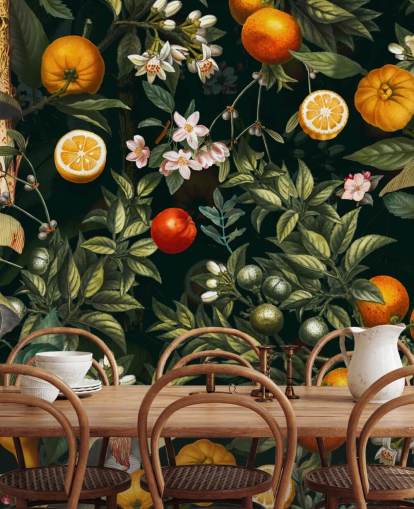 donker botanisch behang met citrusvruchten behang