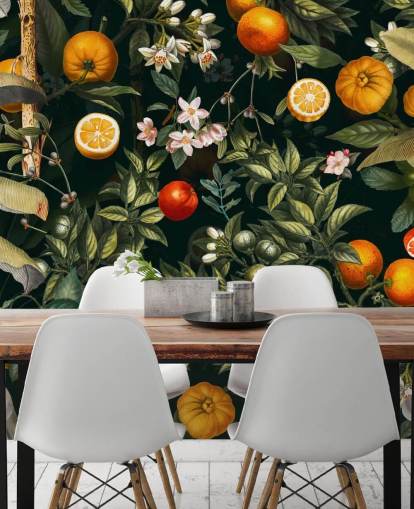 dark botanical wallpaper with citrus fruits wallpaper