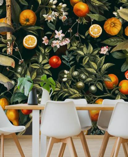 papel de parede botânico escuro com frutas cítricas wallpaper