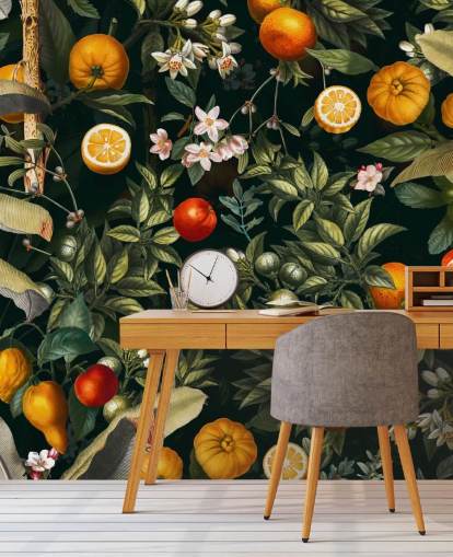 dark botanical wallpaper with citrus fruits wallpaper