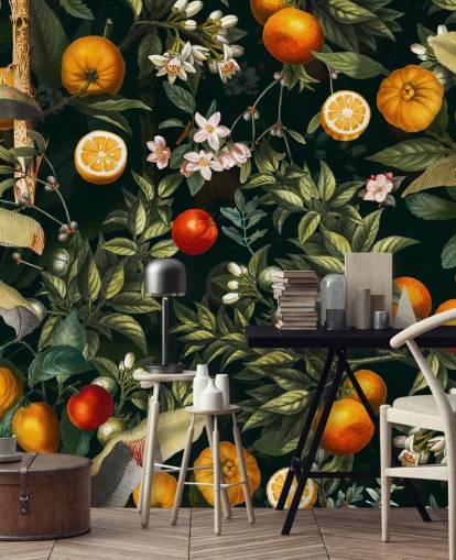 papel de parede botânico escuro com frutas cítricas wallpaper papel de parede botânico escuro com frutas cítricas wallpaper